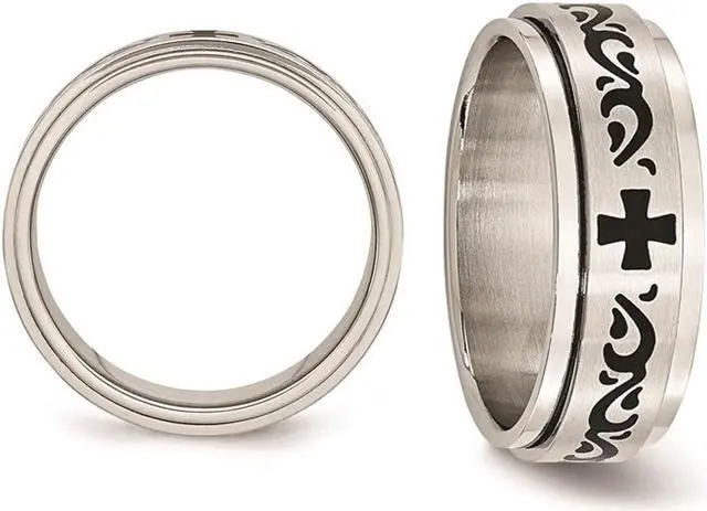 Alt view image 4 of 4 - Ladies Stainless Steel 8mm Wedding Band with Black Swirl Design