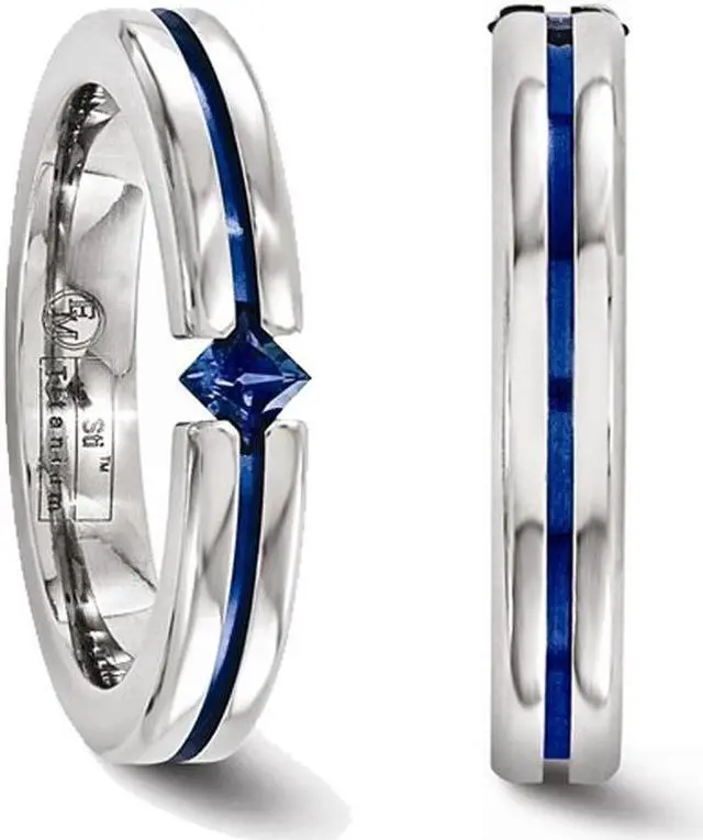 Alt view image 3 of 5 - Men's 1/5 Carat (ctw) Natural Blue Sapphire Band Ring in Titanium