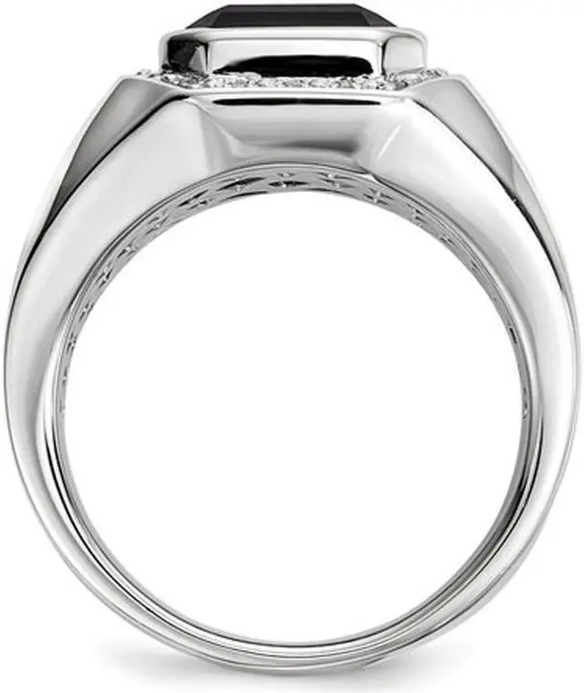 Alt view image 3 of 4 - Men's Black Onyx Ring with Accent Diamonds in Rhodium Plated Sterling Silver