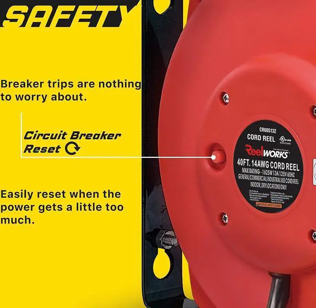 Alt view image 5 of 6 - reelworks extension cord reel retractable, 14awg x 40' ft 3c sjt, wall mount kit, 3 outlet/triple tap connector