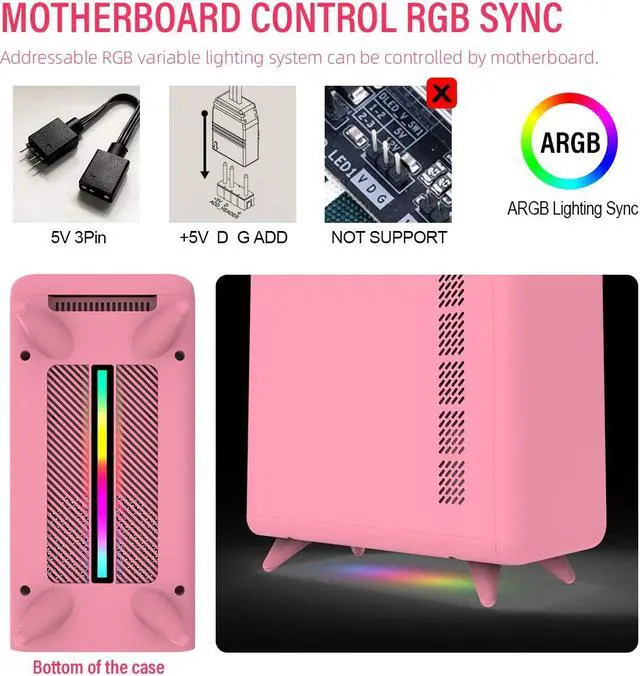 Alt view image 2 of 7 - Corn Electronics Q3056 Mini Computer Case, MATX/ITX Smart PC Case, Bottom ARGB Lighting Strip, USB 3.0 Port, Support 6 Fans Position, Cute Novel Appearance (Color : Pink)