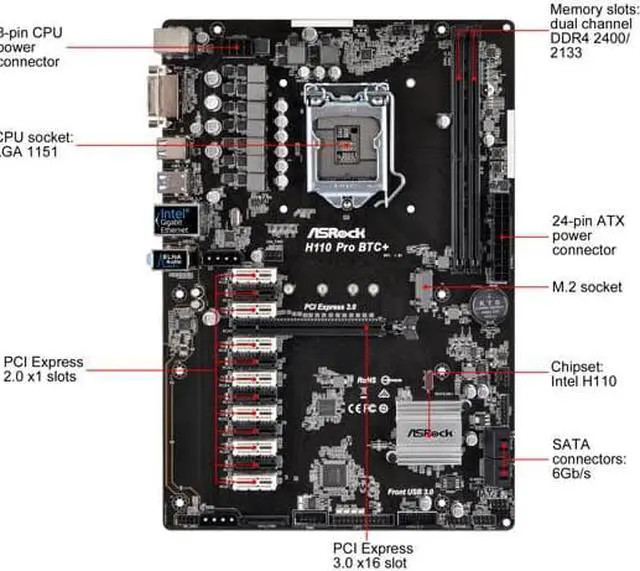 Alt view image 2 of 7 - ASRock H110 Pro BTC+ LGA 1151 Intel H110 SATA 6Gb/s ATX Intel for Cryptocurrency Mining (BTC) Motherboard
