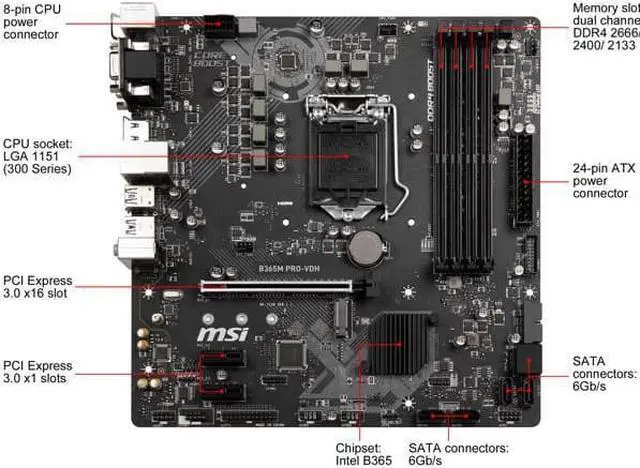 Alt view image 2 of 7 - MSI PRO B365M PRO-VDH LGA 1151 (300 Series) Intel B365 SATA 6Gb/s Micro ATX Intel Motherboard