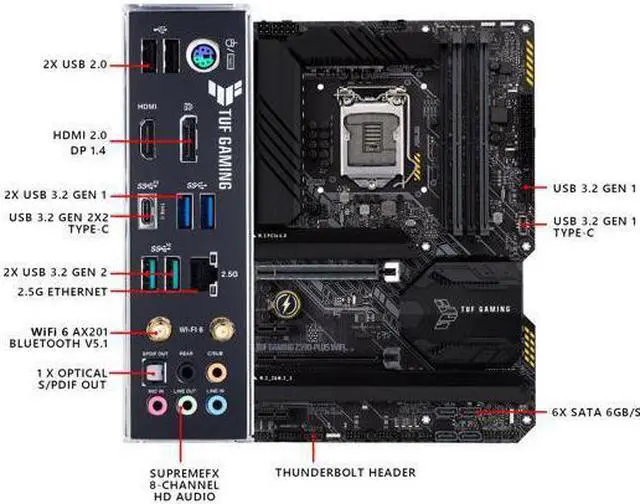 Alt view image 3 of 7 - ASUS TUF Gaming Z590-Plus WiFi 6, LGA 1200 (Intel 11th/10th Gen) ATX Gaming Motherboard (PCIe 4.0, 3 x M.2/NVMe SSD, 14+2 Power Stages, USB 3.2 Gen 1 Front Panel Type-C, 2.5Gb LAN, Thunderbolt 4 Suppo