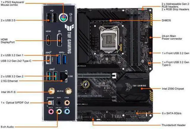 Alt view image 7 of 7 - ASUS TUF Gaming Z590-Plus WiFi 6, LGA 1200 (Intel 11th/10th Gen) ATX Gaming Motherboard (PCIe 4.0, 3 x M.2/NVMe SSD, 14+2 Power Stages, USB 3.2 Gen 1 Front Panel Type-C, 2.5Gb LAN, Thunderbolt 4 Suppo