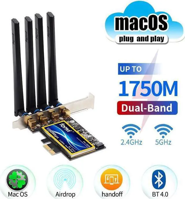 Alt view image 4 of 7 - FV-T919 Hackintosh 1750Mbps Wireless PCI-E Bluetooth 4.0 BCM94360 Wifi Adapter For macOS Catalina/Big Sur/Monterey/Wi-fi Card For PC, Up to 1300M (5Ghz), Dual Band 802.11ac, Airdrop/Handoff