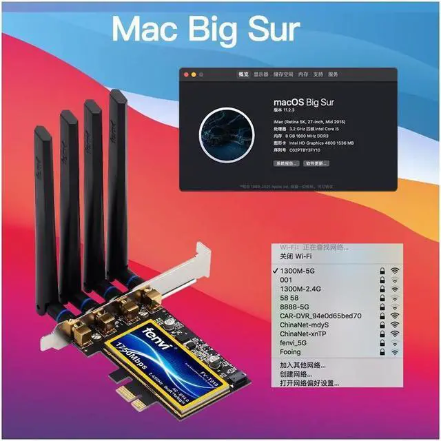 Alt view image 3 of 7 - FV-T919 Hackintosh 1750Mbps Wireless PCI-E Bluetooth 4.0 BCM94360 Wifi Adapter For macOS Catalina/Big Sur/Monterey/Wi-fi Card For PC, Up to 1300M (5Ghz), Dual Band 802.11ac, Airdrop/Handoff