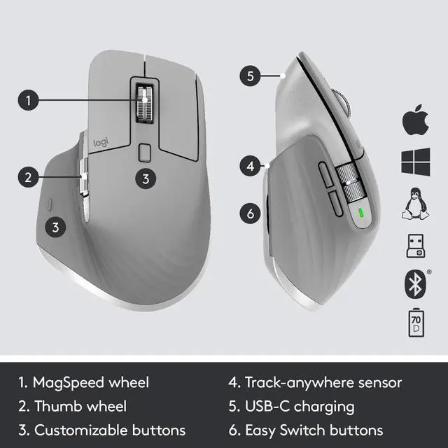 Alt view image 2 of 13 - Logitech MX Master 3 Advanced Wireless Mouse - Mid Grey