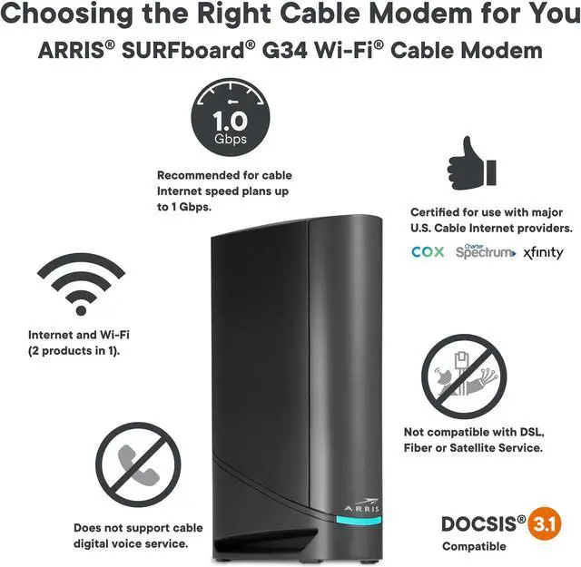 Alt view image 4 of 7 - ARRIS Surfboard G34 DOCSIS 3.1 Gigabit Cable Modem & AX3000 Wi-Fi 6 Router, Approved for Cox, Spectrum, Xfinity & Others