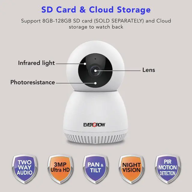 Alt view image 5 of 7 - EverGrow 3MP WiFi Security Camera Pan Tilt Indoor Baby Monitor Two-Way Audio E1