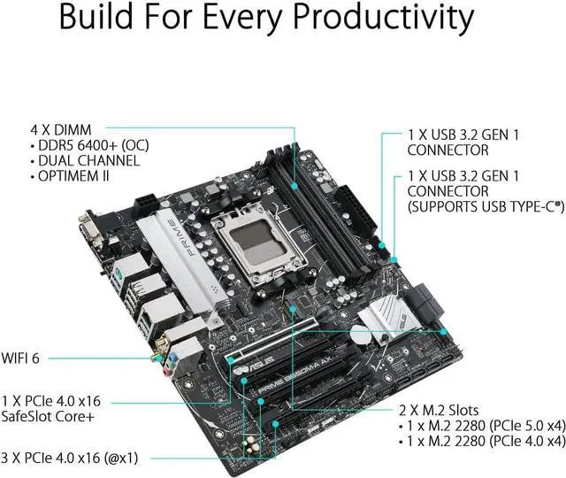 Alt view image 3 of 5 - ASUS PRIME B650M-A AX AMD AM5 B650 MicroATX M.2 Desktop Motherboard A