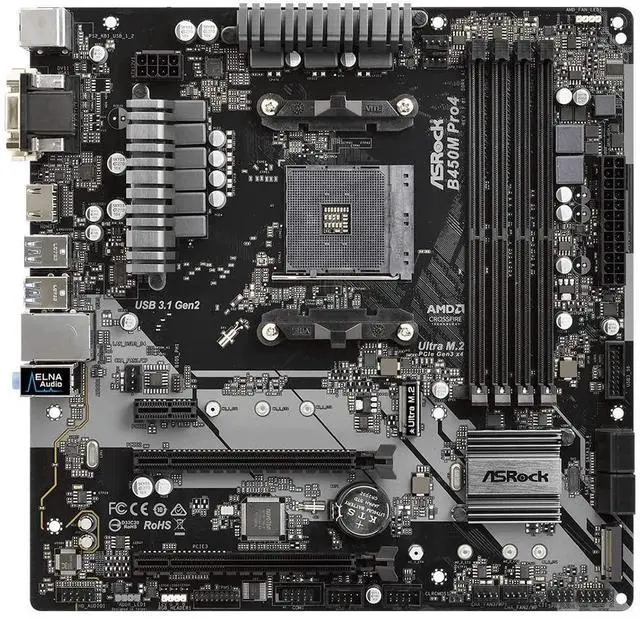 Alt view image 6 of 9 - ASRock B450M PRO4 AM4 AMD B450 SATA 6Gb/s USB 3.1 HDMI Micro ATX AMD Motherboard