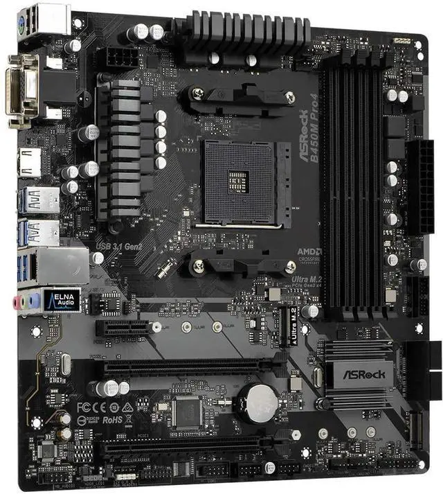 Alt view image 8 of 9 - ASRock B450M PRO4 AM4 AMD B450 SATA 6Gb/s USB 3.1 HDMI Micro ATX AMD Motherboard