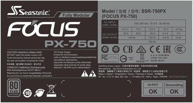 Alt view image 2 of 5 - Seasonic FOCUS PX-750, 750W 80+ Platinum, Full Modular, ATX Form Factor, Low Noise, Premium Japanese Capacitor, Nvidia RTX 30/40 Super, AMD GPU Compatible, SSR-750PX