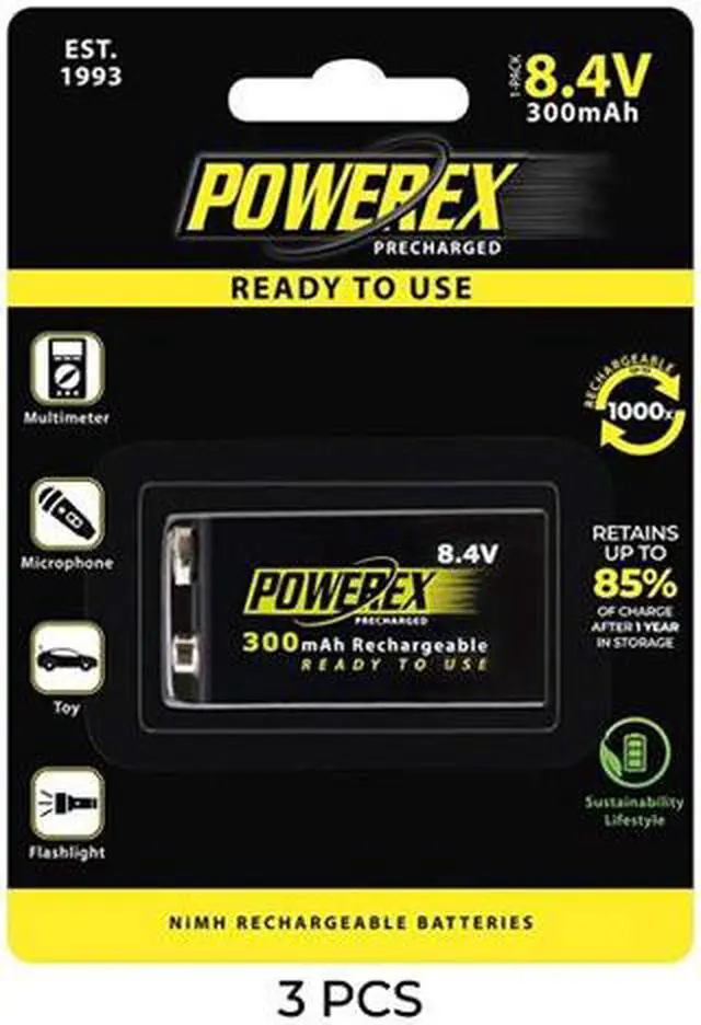 Main image of 3-Pack 9 Volt Powerex NiMH Rechargeable Batteries (300mAh)
