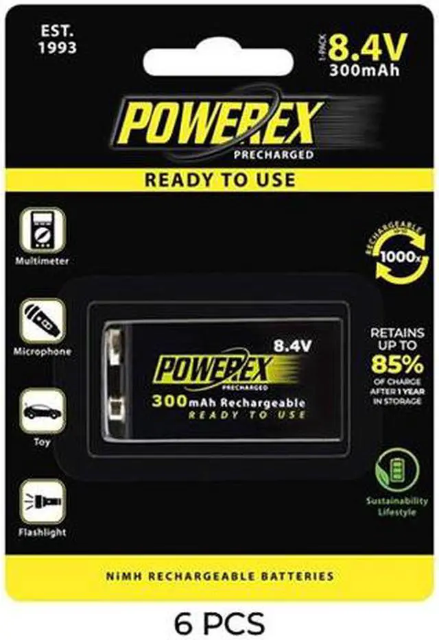 Main image of 6-Pack 9 Volt Powerex NiMH Rechargeable Batteries (300mAh)