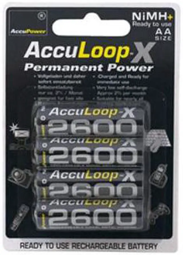 Main image of AA NiMH AccuPower AccuLoop-X 2600 mAh Rechargeable Batteries (4 Card)