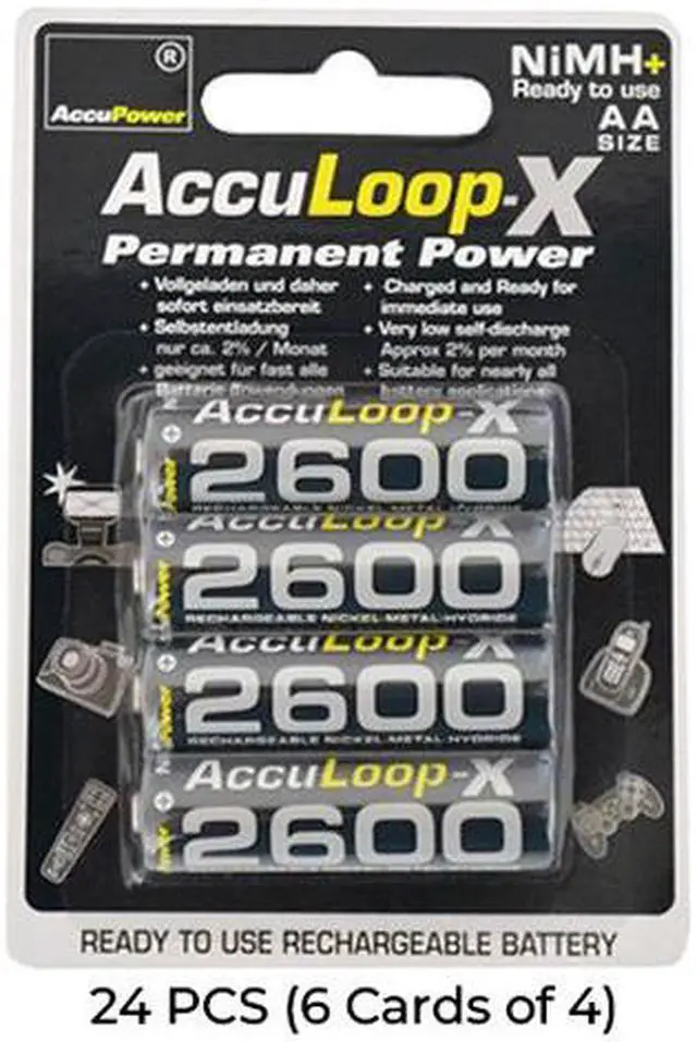 Main image of 24-Pack AA NiMH AccuPower AccuLoop-X 2600 mAh Rechargeable Batteries (6 Cards of 4)