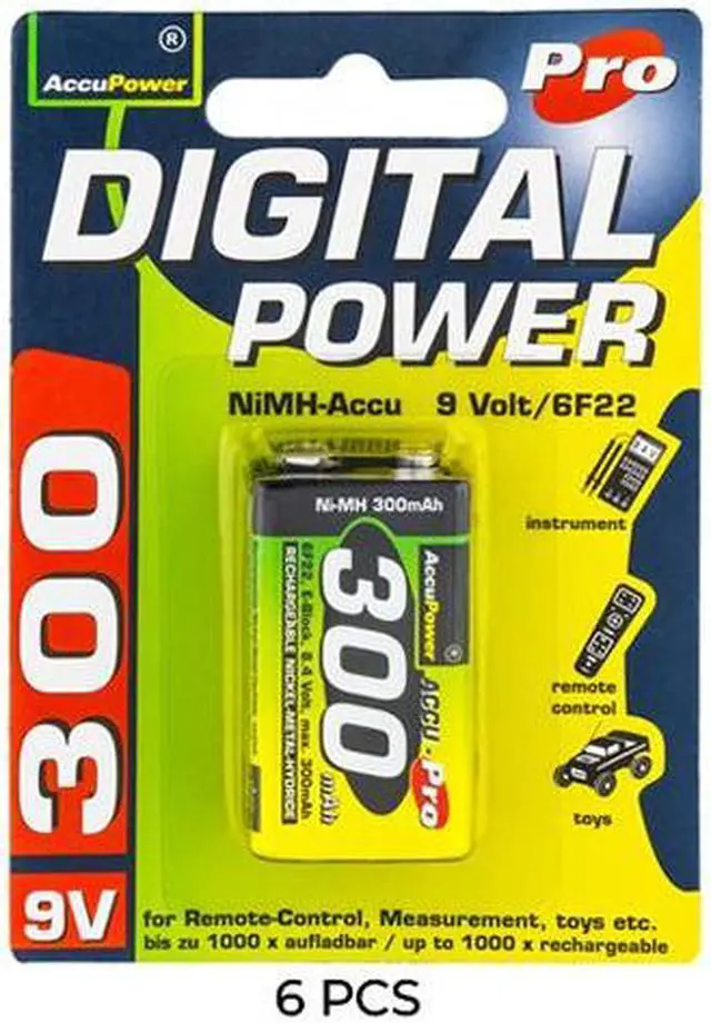 Main image of 6-Pack 9 Volt AccuPower NiMH Batteries (300 mAh)