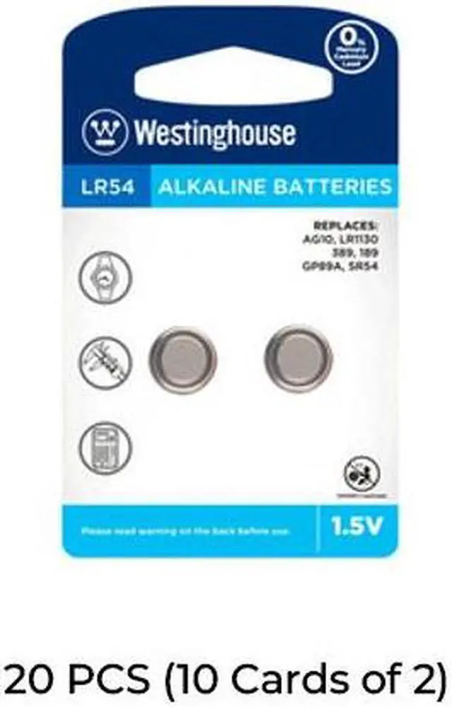 Main image of 20-Pack LR54 / AG10 Westinghouse Alkaline Button Batteries (10 Cards of 2)