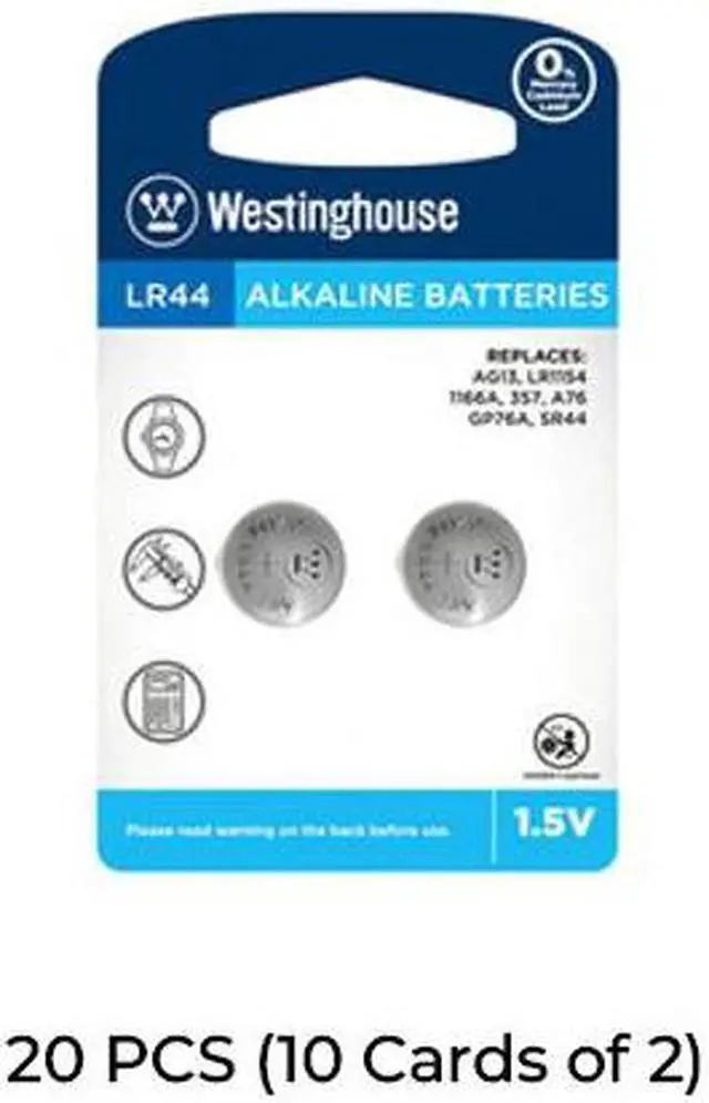 Main image of 20-Pack LR44 / AG13 Westinghouse Alkaline Button Batteries (10 Cards of 2)