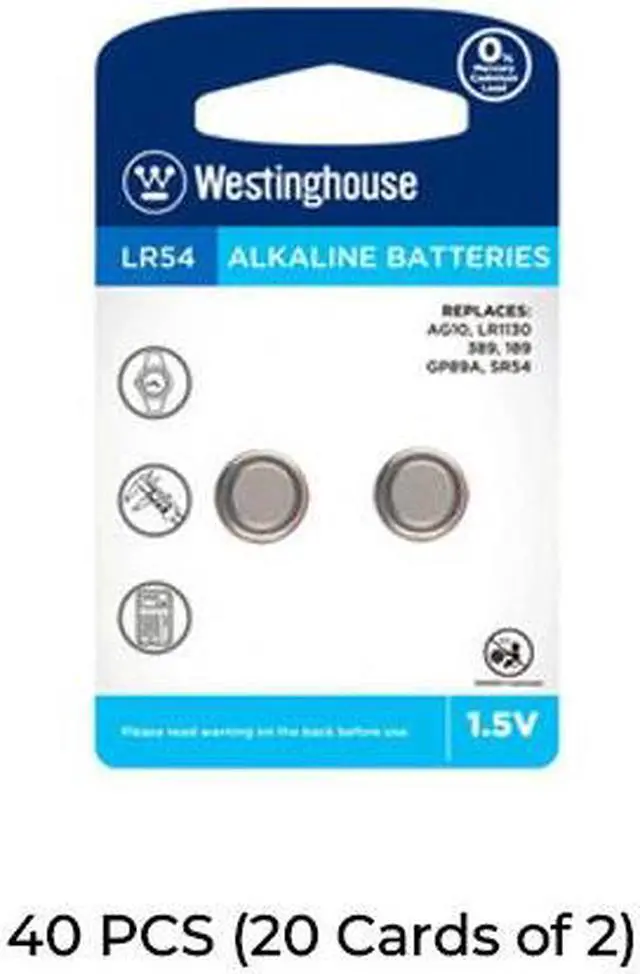 Main image of 40-Pack LR54 / AG10 Westinghouse Alkaline Button Batteries (20 Cards of 2)