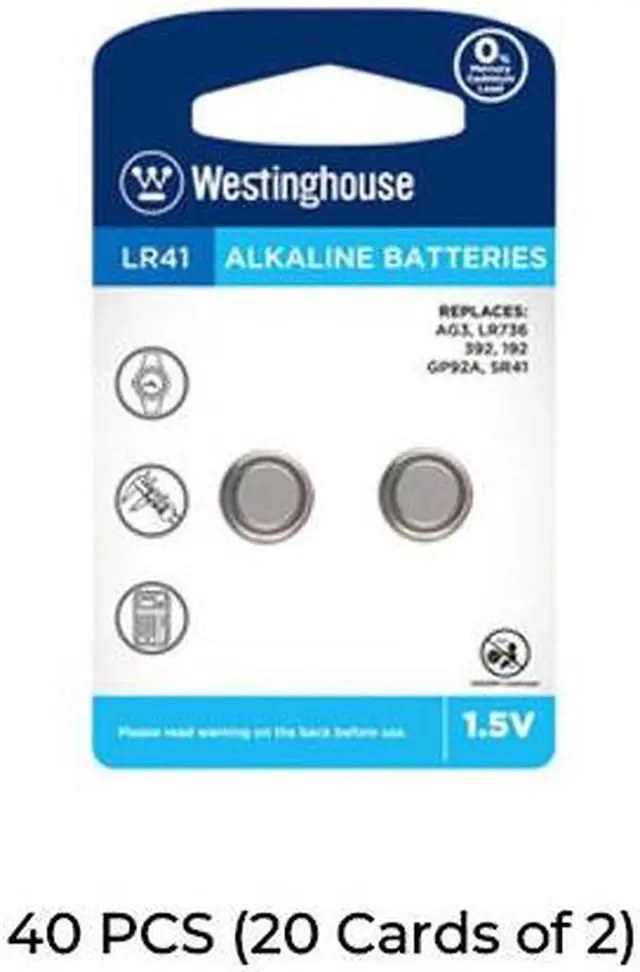 Main image of 40-Pack LR41 / AG3 Westinghouse Alkaline Button Batteries (20 Cards of 2)
