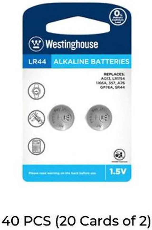 Main image of 40-Pack LR44 / AG13 Westinghouse Alkaline Button Batteries (20 Cards of 2)