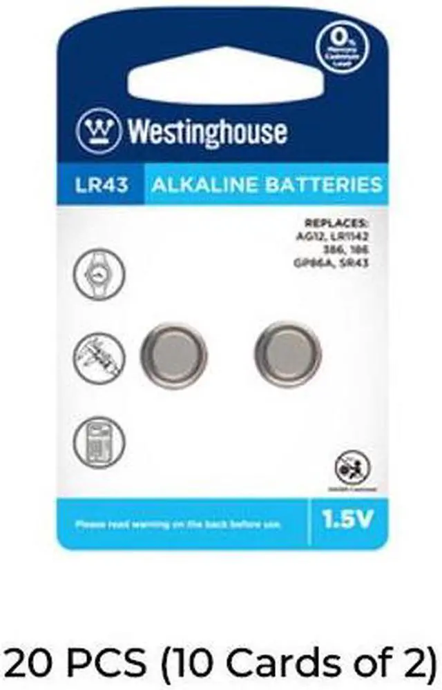 Main image of 20-Pack LR43 / AG12 Westinghouse Alkaline Button Batteries (10 Cards of 2)
