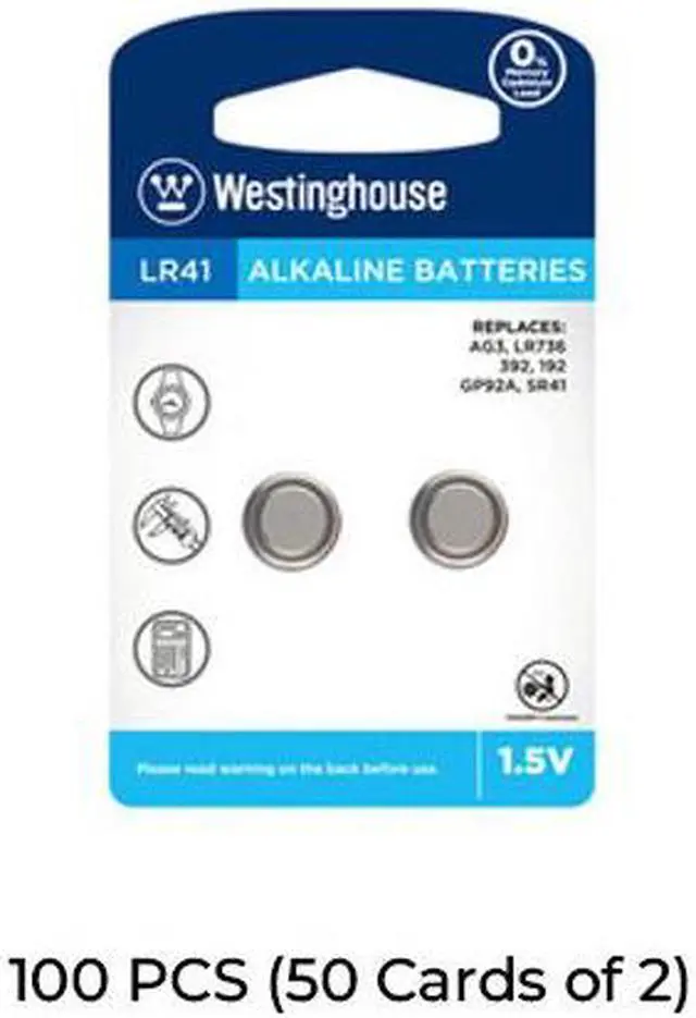Main image of 100-Pack LR41 / AG3 Westinghouse Alkaline Button Batteries (50 Cards of 2)