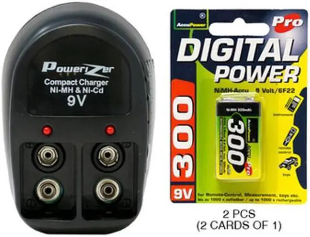 Main image of V-228 Two Bay 9 Volt Charger + 2 x 9 Volt AccuPower NiMH Batteries (300 mAh)