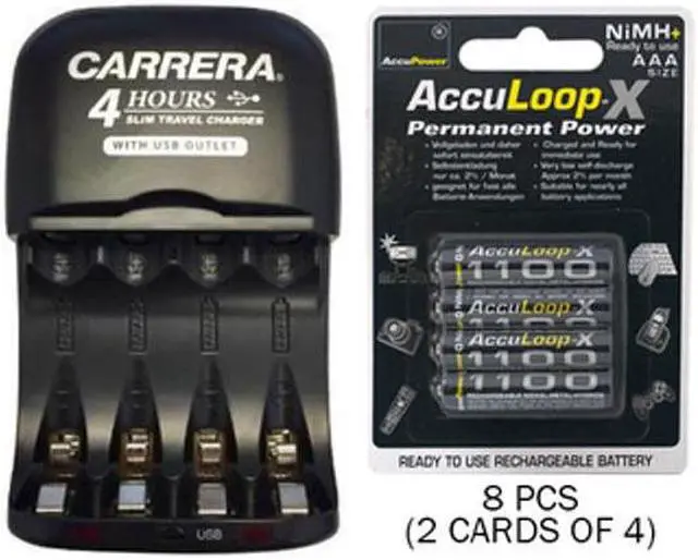 Main image of AA / AAA NiMH Smart Slim Travel Charger with USB Plug & 8 x AAA Acculoop-X NiMH 1100 mAh Batteries