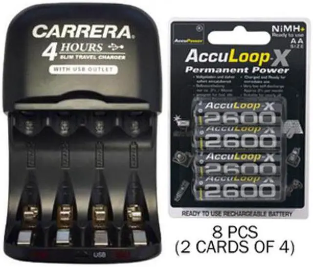 Main image of AA / AAA NiMH Smart Slim Travel Charger with USB Plug & 8 x AA AccuLoop NiMH 2600 mAh Batteries