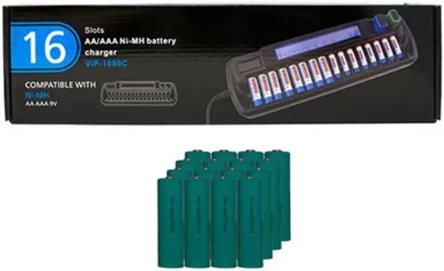 Main image of 16 Bay AA / AAA LCD Battery Charger + 16 AA NiMH Batteries (2700 mAh)