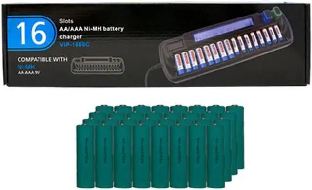 Main image of 16 Bay AA / AAA LCD Battery Charger + 32 AA NiMH Batteries (2700 mAh)