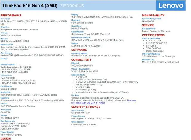 Alt view image 2 of 7 - Lenovo ThinkPad E15 Gen 4 15.6" FHD Business Laptop (AMD Ryzen 7 5825U, 16GB RAM, 512GB PCIe SSD, 8-Core (Beat i7-1165G7)) IPS Anti-Glare, FHD Webcam, Type-C, HDMI, Wi-Fi 6, Win 10 / Win 11 Pro