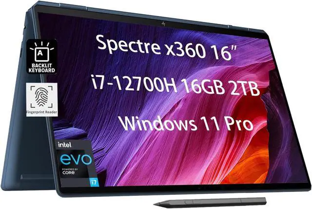 Main image of HP Spectre x360 16" 2-in-1 3K QHD+ Touchscreen (Intel 12th Gen i7-12700H, 16GB RAM, 2TB SSD, Stylus) Business Laptop, Long-Battery Life, Fingerprint, Backlit, Thunderbolt 4, Win 11 Pro