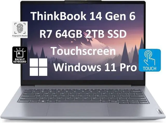 Main image of Lenovo ThinkBook 14 Gen 6 Business Laptop (14" FHD+ Touchscreen, AMD Ryzen 7 7730, 64GB RAM, 2TB SSD, 8-Core (Beat i7-1350U)), Fingerprint, Backlit KB, 1080p IR Webcam, Wi-Fi 6, Win 11 Pro, Grey