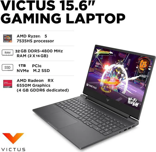 Alt view image 2 of 7 - HP Victus 15 Gaming Laptop (15.6" FHD 144Hz IPS, AMD Ryzen 5 7535HS, 32GB DDR5 RAM, 1TB PCle SSD, Radeon RX 6550M, (6-Core Beat i7-11800H)) Backlit KB, Wi-Fi 6, Ethernet, Webcam, Win 11 Home, 2024