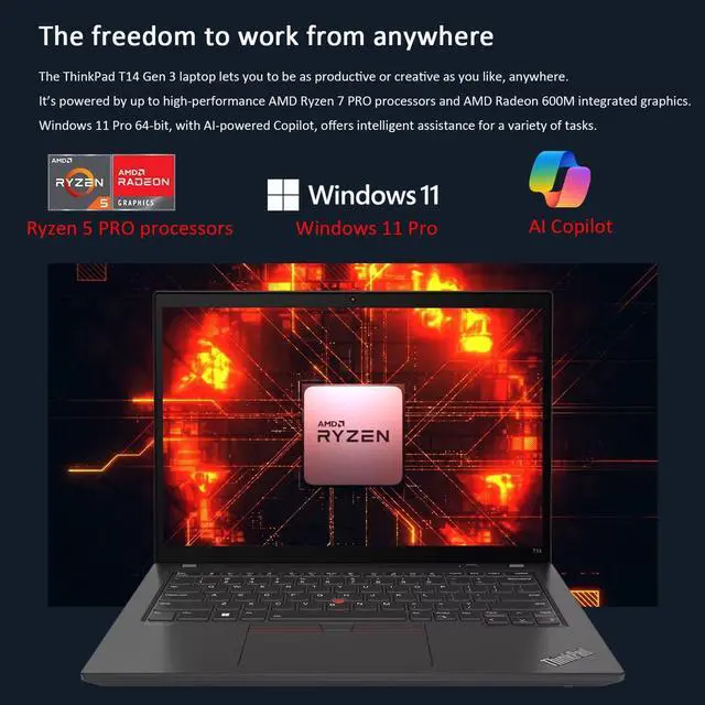 Alt view image 2 of 7 - Lenovo ThinkPad T14 Business Laptop (14" FHD+ Touchscreen, AMD Ryzen 5 PRO 6650U, 16GB RAM, 1TB SSD, 6-Core (Beat i7-1250U)), Backlit, Fingerprint, 1080p Webcam, Wi-Fi 6E, Win 11 Pro w / AI Copilot