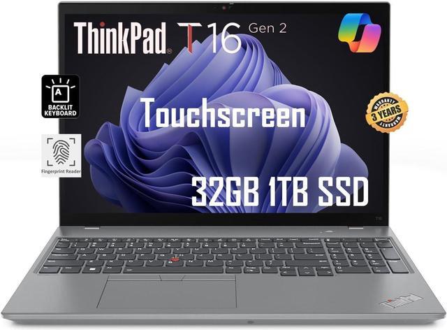 Main image of Lenovo ThinkPad T16 Gen 2 Business Laptop (16" FHD+ Touchscreen, Intel Core i7-1355U, 32GB DDR5 RAM, 1TB SSD), Ethernet, Backlit, Fingerprint, FHD Webcam, 3-Year Warranty, Win 11 Pro w/AI Copilot,Grey
