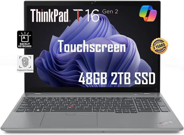 Main image of Lenovo ThinkPad T16 Gen 2 Business Laptop (16" FHD+ Touchscreen, Intel Core i7-1355U, 48GB DDR5 RAM, 2TB SSD), Ethernet, Backlit, Fingerprint, FHD Webcam, 3-Year Warranty, Win 11 Pro w/AI Copilot,Grey