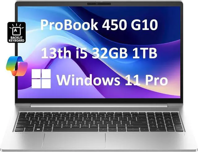 Main image of HP ProBook 450 G10 Business Laptop (15.6" FHD Anti-Glare, Intel 10-Core i5-1334U, 32GB RAM, 1TB SSD, (Beats i7-1255U)) Backlit KB, Webcam, Ethernet, Wi-Fi 6E, Win 11 Pro w/ AI Copilot, Silver