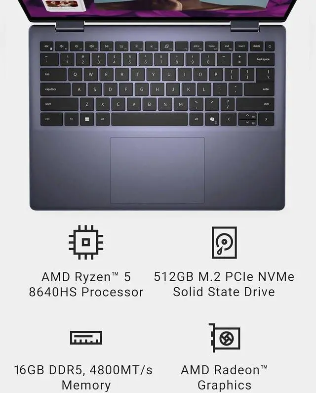 Alt view image 3 of 7 - Dell Inspiron 14 2-in-1 Laptop (14" FHD+ Touchscreen, AMD Ryzen 5 8640HS (> i7-1255U),16GB RAM, 512GB SSD, Pen) AI Copilot PC for Creator, Designer, Student, IST Hub, Backlit, Fingerprint, Win 11 Pro