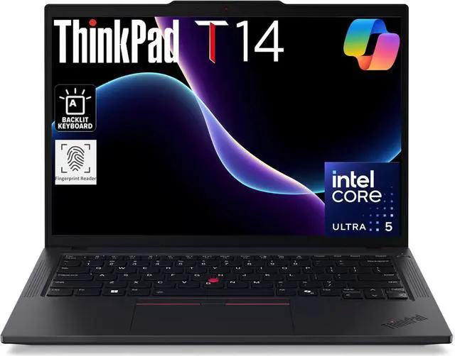 Main image of Lenovo ThinkPad T14 Gen 5 Business Laptop (14" FHD+, Intel Core Ultra 5 125U (>i7-1355U), 16GB DDR5, 512GB SSD), AI PC, Backlit, FP, 5MP Webcam, 2x Thunderbolt 4, Wi-Fi 6E, Win 11 Pro w/ AI Copilot