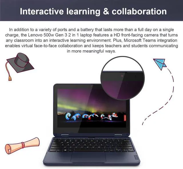 Alt view image 3 of 7 - Lenovo 500w Gen 3 2-in-1 Laptop (11.6" Touchscreen, Intel Pentium N6000, 8GB RAM, 256GB SSD) Ruggedized & Water Resistant for Student & School, Webcam, Wi-Fi, IST Pen, Win 11 Home, Blue, 2024