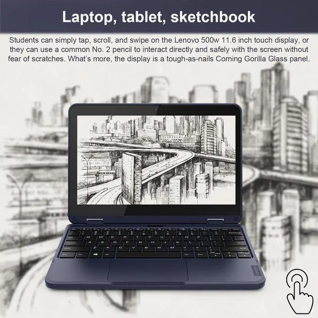 Alt view image 2 of 7 - Lenovo 500w Gen 3 2-in-1 Laptop (11.6" Touchscreen, Intel Pentium N6000, 8GB RAM, 256GB SSD) Ruggedized & Water Resistant for Student & School, Webcam, Wi-Fi, IST Pen, Win 11 Home, Blue, 2024
