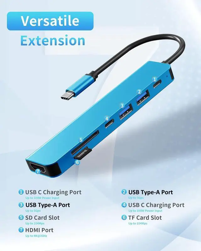 Alt view image 2 of 7 - USB-C Hub for Laptop, 7 in 1 USB-C to HDMI Splitter, USB 3.1 GEN1, USB 2.0 and Type-C Port, 4K HDMI Port, PD 100W Charging, SD Card Reader for ThinkPad, EliteBook, Latitude, Surface, MacBook Air/Pro