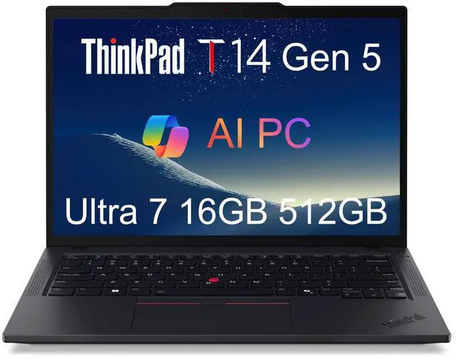 Main image of Lenovo ThinkPad T14 Gen 5 Business Laptop (14" FHD+, Intel Ultra 7 155U (>i7-13700H), 16GB DDR5 RAM, 512GB SSD), Fingerprint, Backlit, 5MP Webcam, Ethernet, Wi-Fi 6E, Win 11 Pro, 2025 AI PC, Black