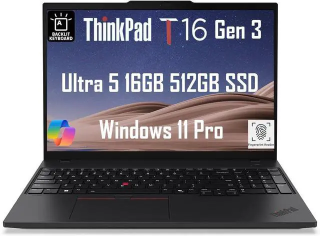 Main image of Lenovo ThinkPad T16 Gen 3 Business Laptop (16" FHD+, Intel 12-Core Ultra 5 125U (>i7-1355U), 16GB DDR5, 512GB SSD), Support 3 Monitors, Fingerprint, Backlit, 5MP Webcam, Win 11 Pro, 2025 AI PC, Black